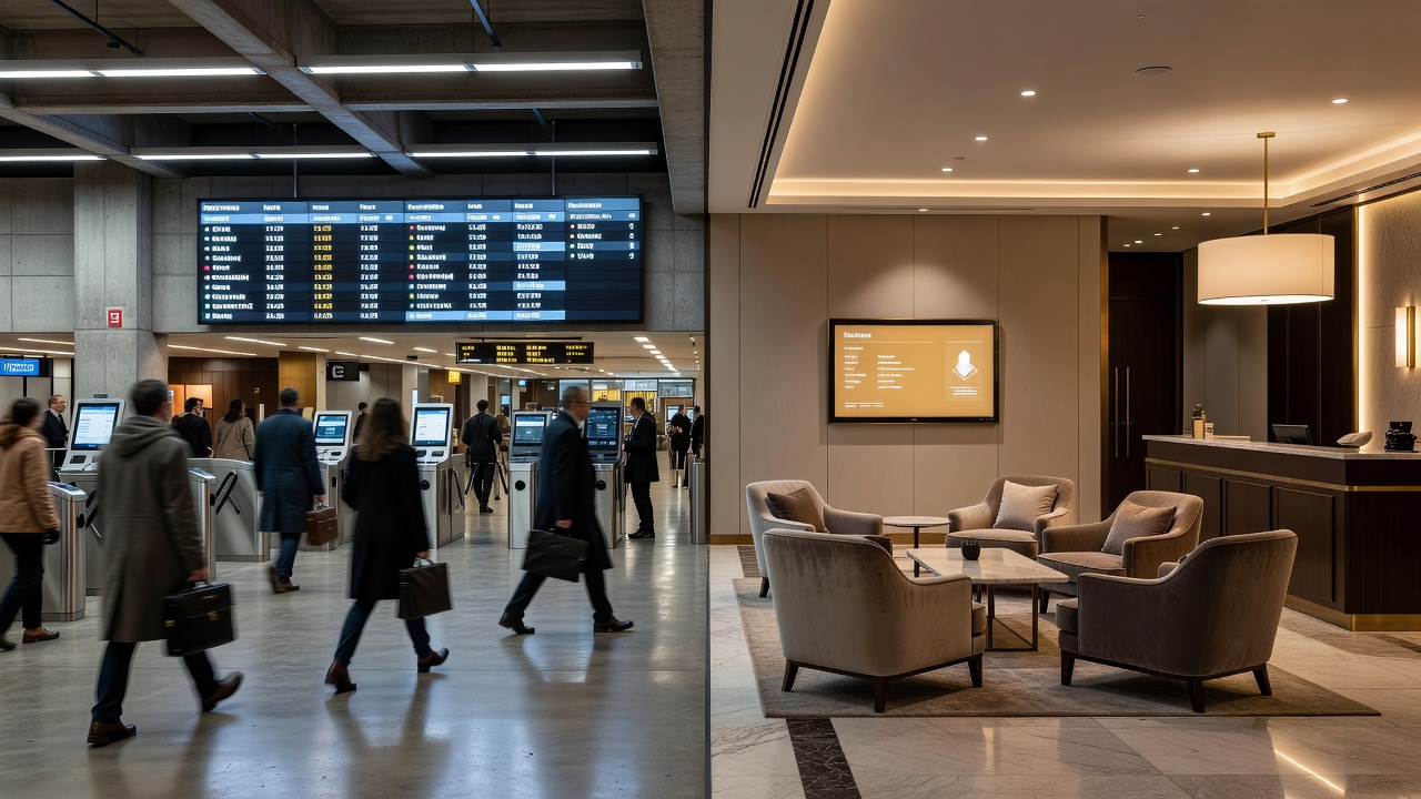 Transit concourse and hotel lobby side by side, each with large digital display screens