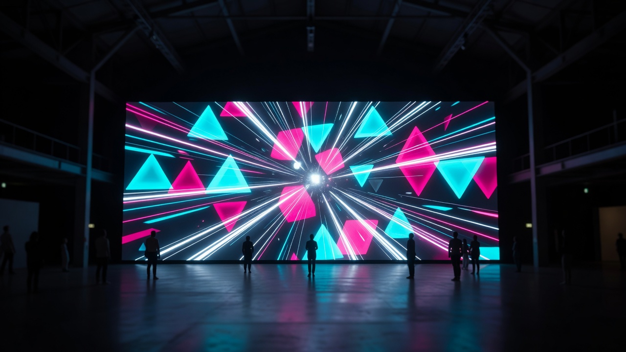 Seamless LED video wall filling an exhibition hall with geometric light patterns